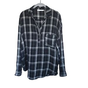 LUSH L Black White Plaid Soft Lightweight Long Sleeve Tunic Top Grunge Basic